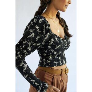 Anthropologie Sweetheart Top Black Floral Long‎ Puff Sleeve Blouse Top Size XS